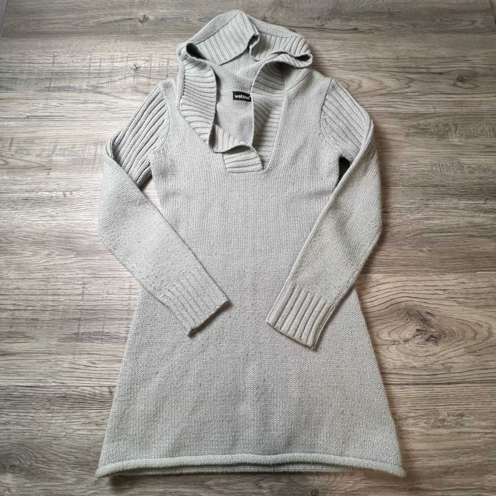 Wet Seal Sweater Dress Womens Medium Grey Silver Sparkle Hooded Y2K Knit 55S824